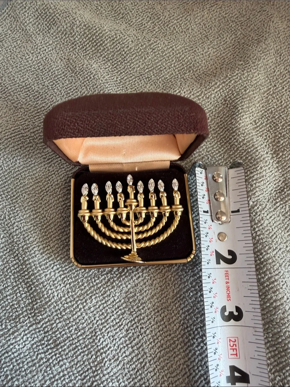 Vintage Gold Menorah Hanukkah Brooch Pin with Crystals & Velvet Box